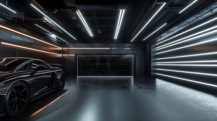 Canvas Print - A sleek black car in a modern, illuminated garage with futuristic lighting.