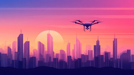 Wall Mural - Drone Flying Over Cityscape at Sunset