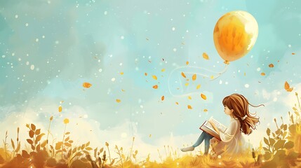 Canvas Print - A serene illustration of a girl reading in a field, accompanied by a floating balloon and swirling leaves.