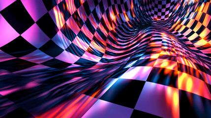 Wall Mural - Abstract checkerboard pattern with a wavy, 3D effect in vibrant pink, blue, and orange colors.