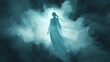 © Thiago - Ghostly apparition of a woman emerging from swirling mist ethereal and mysterious with soft glowing edges and translucent features. Phantasm. Illustration