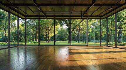 Canvas Print - A spacious room with large glass windows showcasing a lush green landscape outside.