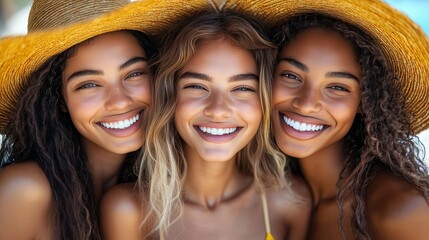 Three friends enjoy a sunny day at the beach, wearing wide-brimmed sun hats and displaying bright smiles. Their close friendship is evident as they capture a carefree moment together