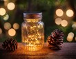 © Marie K - upcycled glass jar lantern with christmas lights and pine cones glowing on rustic wood with bokeh background