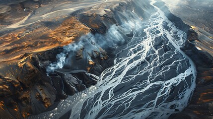 Canvas Print - Aerial view of a rugged landscape featuring a winding river and volcanic terrain.