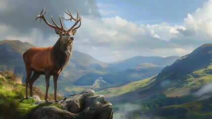 Canvas Print - A majestic stag stands on a rocky outcrop, overlooking a serene valley with rolling hills and a dramatic sky.