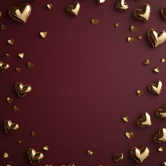 Wall Mural - Luxurious Valentine's Day background featuring a rich burgundy base with scattered gold foil heart shapes and a light center, perfect for adding text or message. Square social media post greeting card