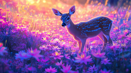 Wall Mural - A deer standing in a meadow of luminescent flowers, each petal glowing with an otherworldly light, under a neon-colored twilight. Luminescent. Illustration