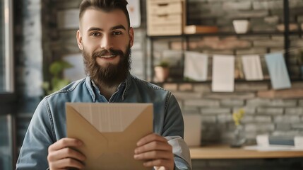 Canvas Print - A smiling man holding an envelope in a cozy workspace with a modern aesthetic.