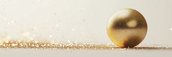 Wall Mural - shiny gold bauble on a clean, white background with soft shadows and subtle glitter effects around