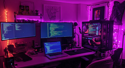 A desk in a home office is lit with pink and red LED lights, and features a computer, laptop, and a tower PC, all displaying code