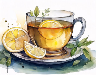 Wall Mural - A steaming cup of tea with lemon and honey, drizzling down the side of the glass