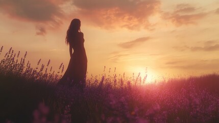 Poster - Silhouette of a woman in a lavender field at sunset, embracing tranquility, AI