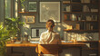 © PixelPulse AI - A person in home office setting sits, at a wooden desk, sunlight streaming in