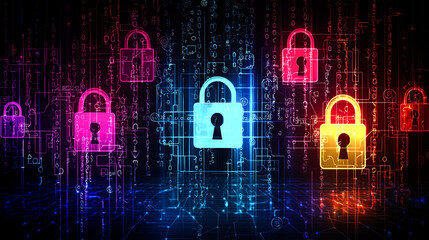 Abstract digital security concept with glowing padlocks.