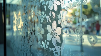 Wall Mural - Decorative floral glass design with a blurred background.