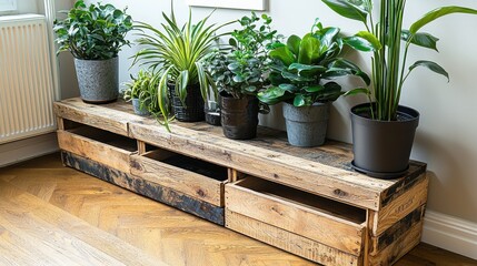 Poster - Wooden planter with greenery in a modern interior setting