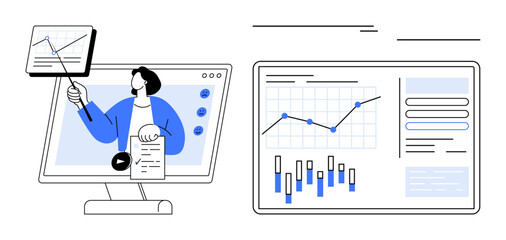 Person delivering a presentation via video call with charts and graphs displayed on computer screens. Ideal for webinars, virtual meetings, data analysis, business training, remote work, online
