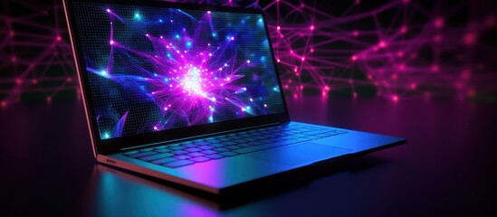 Open laptop with abstract glowing purple and blue pattern on screen in front of purple network.
