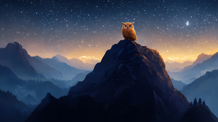 Wall Mural - Owl sits atop a rugged mountain peak, bathed in soft luminescent light, gazing out at a vast expanse of twinkling stars, with misty valleys unfolding below. Luminescent. Illustration