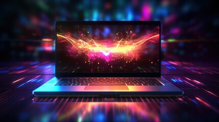 A laptop with a bright, colorful abstract design on the screen.