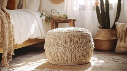 Poster - Bohemian Style Knit Pouf in Cozy Interior Setting