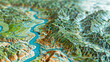 © Domingo - Detailed topographical relief map showing meandering river through mountainous terrain, with elevation changes depicted in vibrant greens and earth tones, captured in tilt-shift style