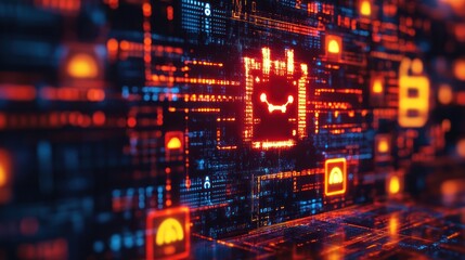 A digital smiley face embedded in a wall of code and data, representing happiness and satisfaction in a digital world.
