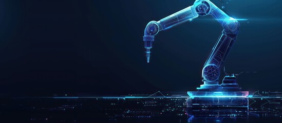 Wall Mural - a robotic arm with glowing blue lines on a dark background, with a glowing blue light at the end of 