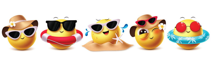 Wall Mural - summer emoji vector characters set. emojis outfit summertime clip art wearing hat and sunglasses bea
