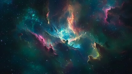 Wall Mural - Cosmic canvas featuring green, blue, and pink galaxies, stars, and nebulae in deep space. stunning background illustrating the beauty of the cosmos. Nebula. Illustration
