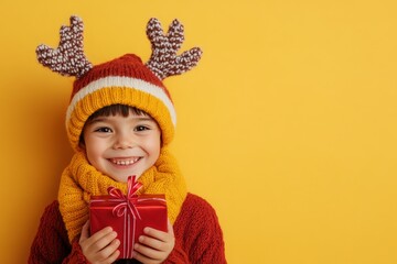 Wall Mural - A cheerful young boy in a warm knit sweater, adorable hat, and scarf holds a bright red gift, standing against a vibrant yellow backdrop in a festive display.