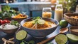 © arbi wiratama - A Cozy Home Kitchen Scene Featuring Freshly Prepared Khao Soi, Thai Coconut Curry Soup with Noodles, Served with Lime and Shallots for a Flavorful Dinner Experience