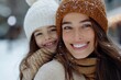 © Odin AI - A mother with a warm smile embraces her daughter as they both enjoy bonding time in a snowy setting, capturing love and happiness in a winter wonderland.