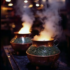 Wall Mural - Copper Pots with Steam and Lights in a Dark Setting.