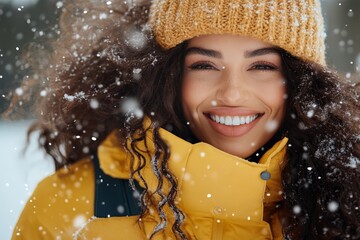 A joyful woman with curly hair wears a bright yellow coat, smiling surrounded by gently falling snow, embodying winter happiness and vibrant energy outdoors.