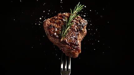 grilled delicious steak with a sprig of green rosemary, salt and pepper on a fork isolated on dark b