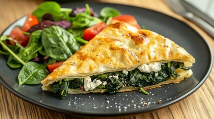 Wall Mural - A slice of spinach and feta pie on a plate with a side salad.