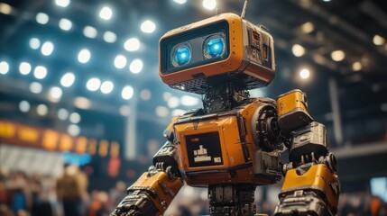 A retro-styled robot with blue eyes and a digital display stands in front of a blurred background of a crowd and lights.