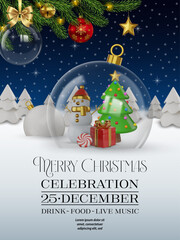 Wall Mural - christmas celebration flyer  with 3d snowman and christmas tree inside a glass ball. merrry christmas background with 3d realistic decorations and pine branches on winter landscape	