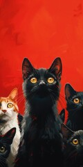 Naklejka na meble Group of Curious Black and Ginger Cats Against a Bold Red Background