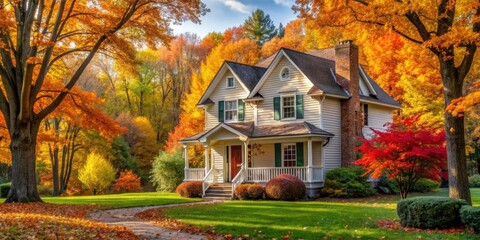 Wall Mural - Quaint house surrounded by colorful autumn trees in peaceful outdoor setting, autumn, trees, colors, peaceful, outdoor