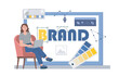 © Rudzhan - Woman create brand. Young girl with laptop developing brand for company. Graphic designer and freelancer at work. Branding, logotype and emblem creation. Flat vector illustration