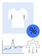 © robu_s - T-shirt silhouette blue percentage symbol black line graph, cog with people. Ideal for fashion trends, data analysis, team collaboration, business growth, market insight, productivity. Line