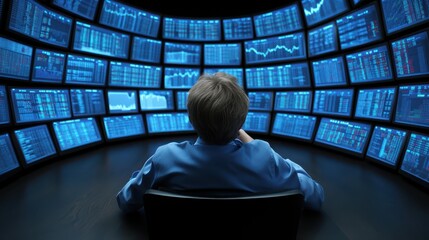 Wall Mural - Man immersed in digital world, captivating scene of connectivity and technological power with multiple monitors