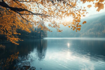 Wall Mural - Serene lake scene surrounded by vibrant autumn foliage reflecting in calm waters