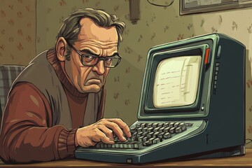 an older man sits at a computer with a serious expression on his face.