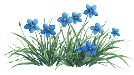 Canvas Print - A cluster of blue flowers with green grass stems