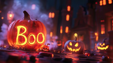 Wall Mural - Lit Jack-o'-Lantern with 'Boo' Carving in a Halloween Setting