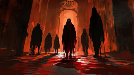 Wall Mural - Hooded Figures Standing in a Blood-Red Hallway